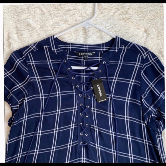 Express Navy Blue Plaid Tee - Picture 2 of 4